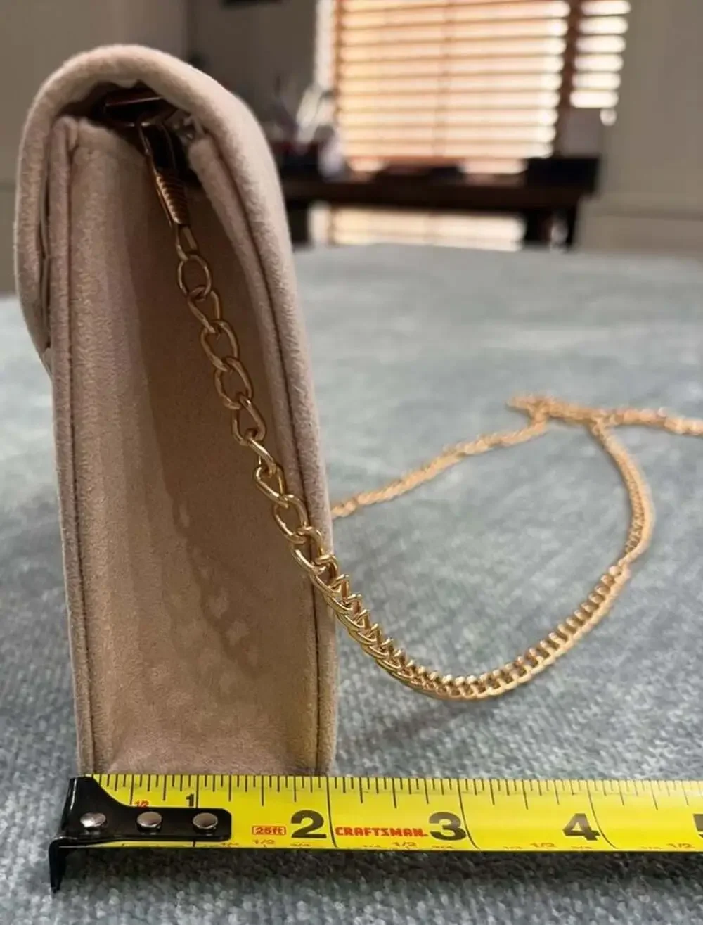 Blush Pink Faux Suede Envelope Clutch with Gold Tone Chain